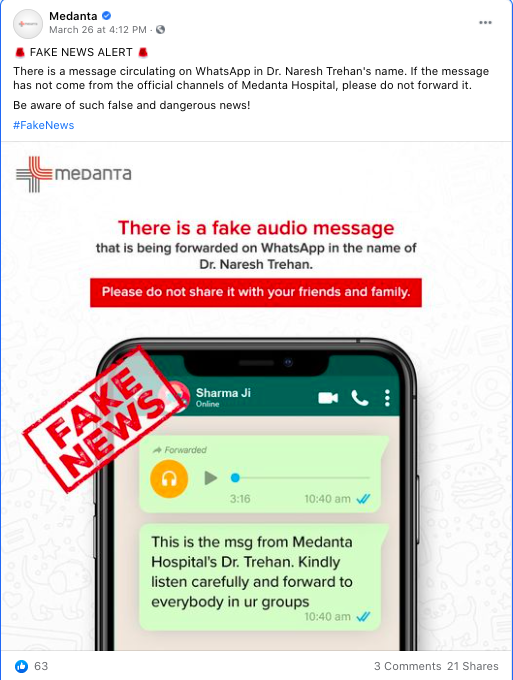 Medanta's Facebook post clarifying the audio clip claim in context