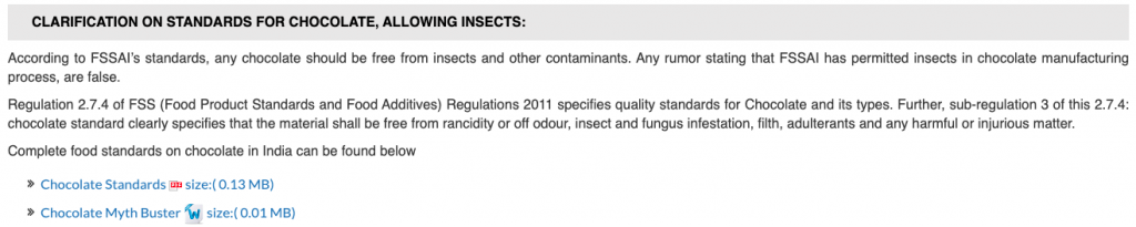 Food Safety and Standards Authority of India's Myth Buster section clarifies standards for chocolate, allowing insects