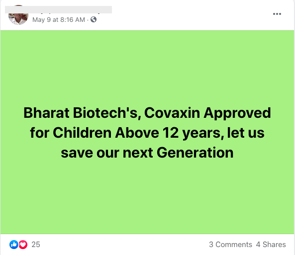 Facebook user claiming Bharat Biotech's Covaxin approved for children above 12 years