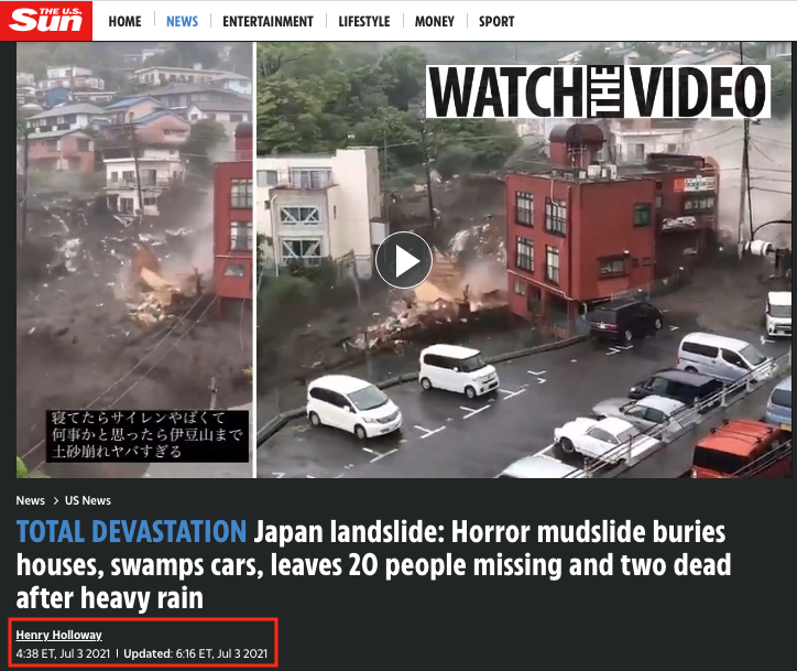 Screenshot of The Sun's report on landslide in Japan's Atami City