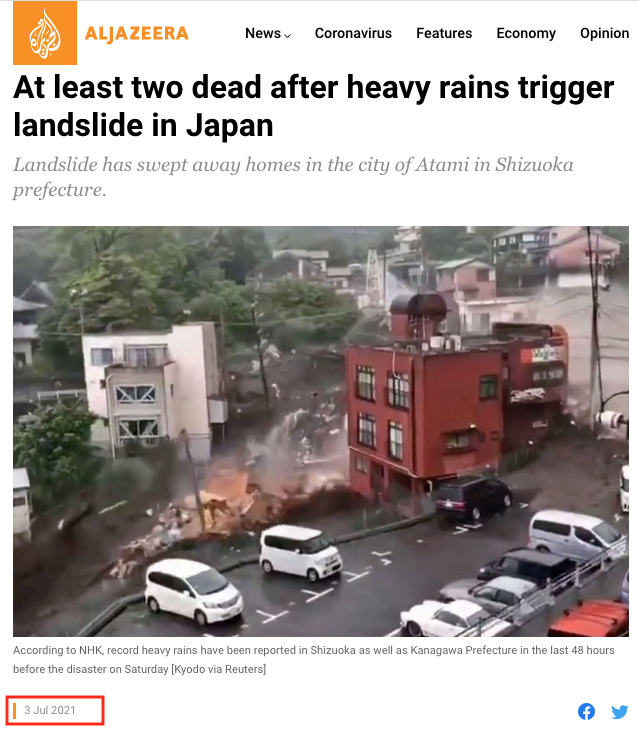 Screenshot of AlJazeera's report on landslide in Japan's Atami City