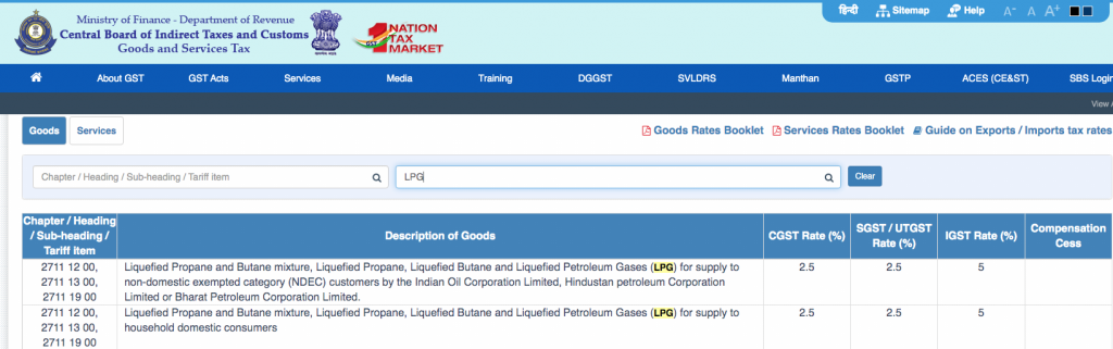 Screenshot of LPG taxes on the CBITC website