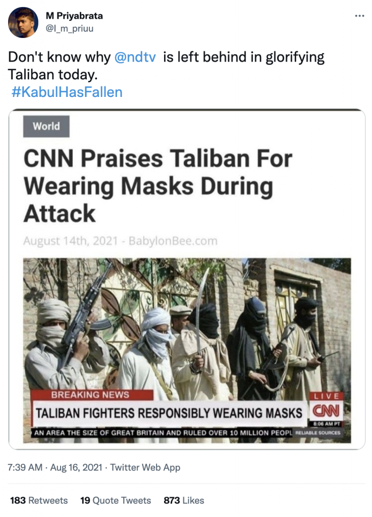 Screenshot of a tweet with viral screenshot titled, "CNN Praises Taliban For Wearing Masks During Attack"