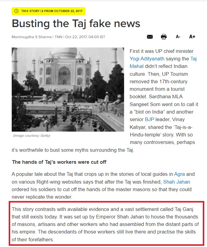TOI article debunking myth that Shah Jahan Cut Off The Hands Of Those Who Built Taj Mahal