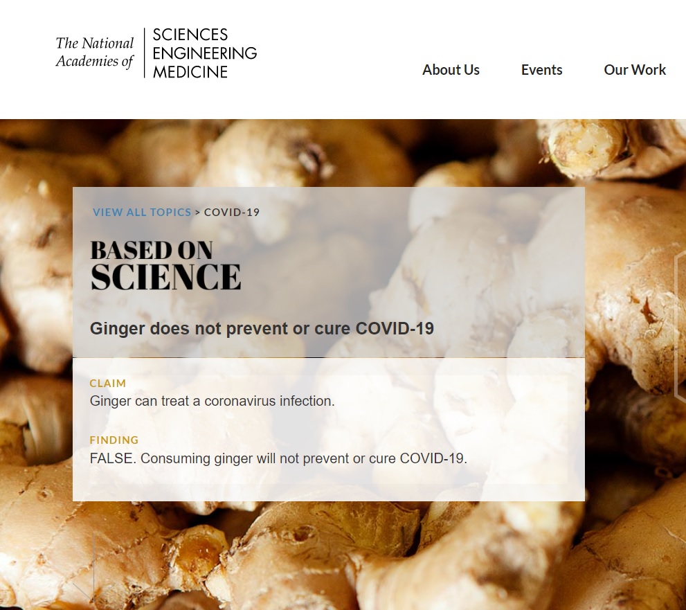 Screengrab of national academies page on dried ginger not curing COVID