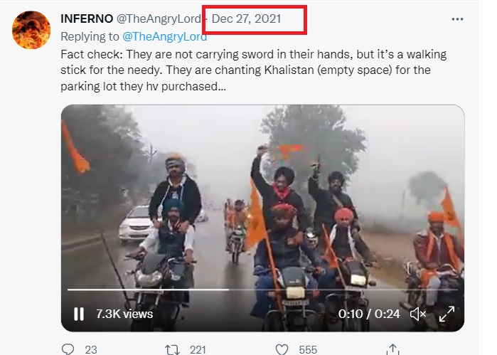 Tweet showing that the video of Khalistan slogans was from before PM's Punjab visit