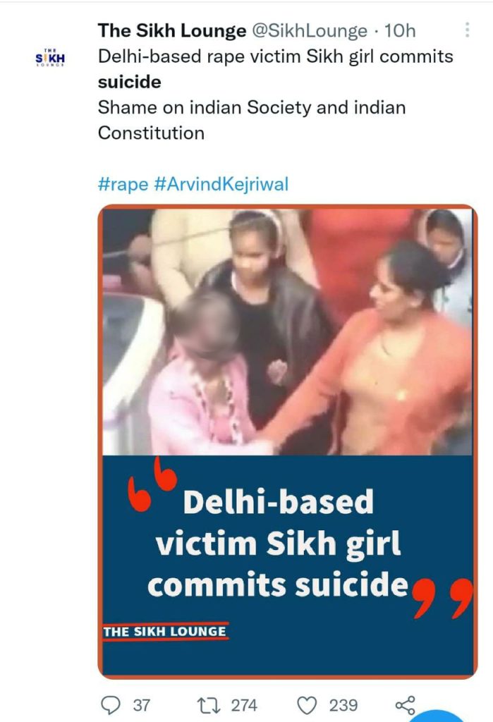 Tweet claiming that Shahdara assault victim killed herself 