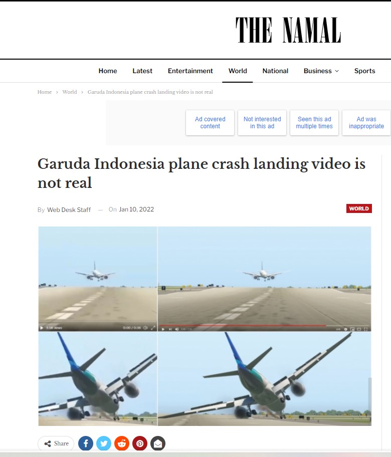 Screenshot of The Namal News article about Garuda Indonesia airlines plane crash landing video 