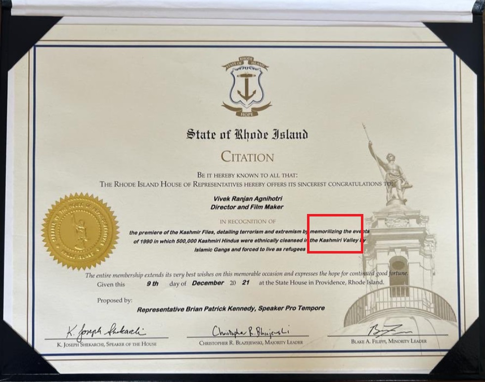 citation claiming that the movie made Rhode Island recognise Kashmir genocide 