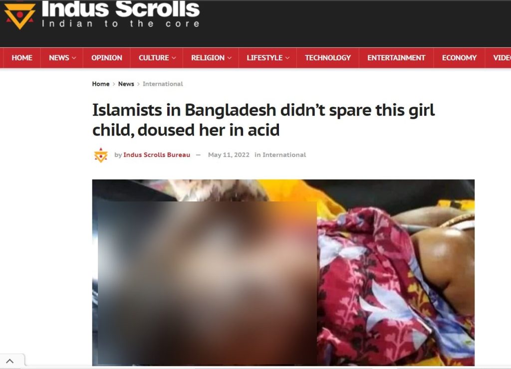 Article on Indus scrolls claiming to show 3 year old in bangladesh who was attacked with acid for being Hindu 