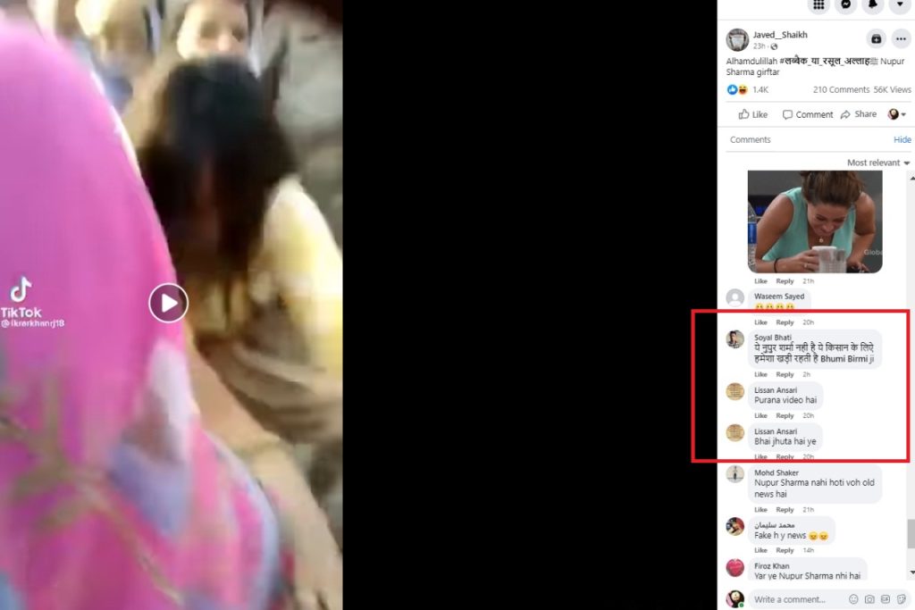 Comment by user on video claiming to show Nupur Sharma's arrest 