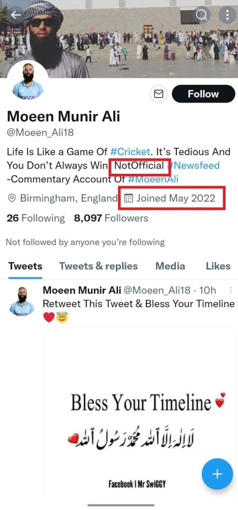 Fake Twitter account belonging to Moeen Ali 