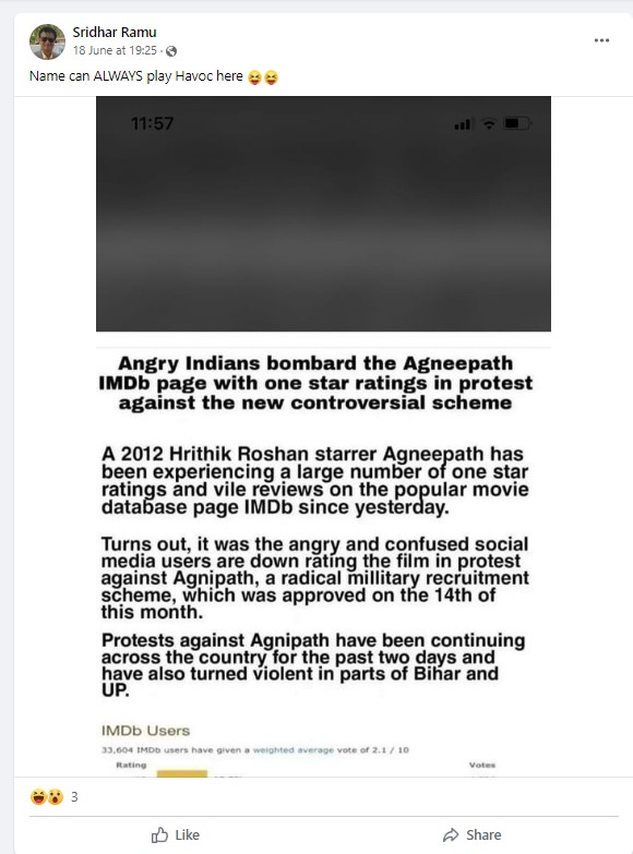 Hrithik Roshan’s Agneepath Down Voted On IMDb Amid Agnipath Protests? No, Viral Claim Is Satire 