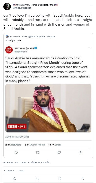 Saudi Arabia To Hold International Straight pride Month in June 2022? No, Viral BBC Tweet Is Fake