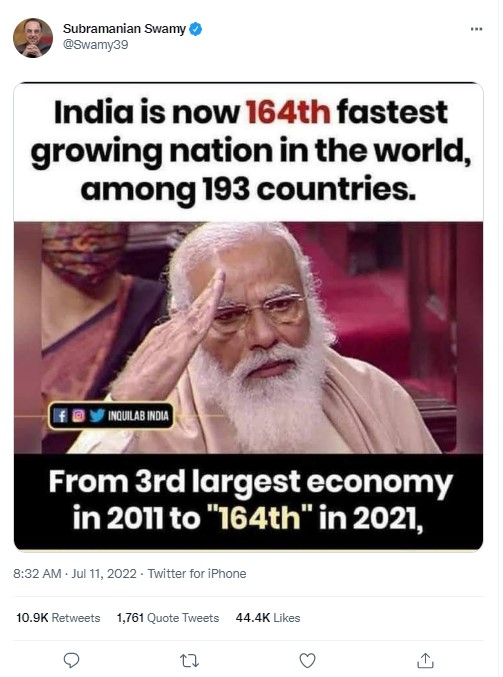 Did India Nosedive From 3rd Largest Economy In 2011 To 164th in 2021 ?