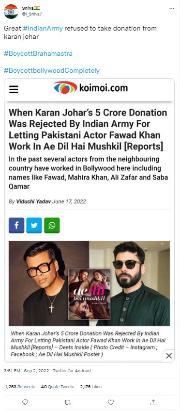 Army rejected Karan Johar's donation?