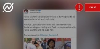 The woman seen in the viral photograph with Rahul Gandhi at the Bharat Jodo Yatra is not Amulya Leona Noronha, who had raised “Pakistan zindabad” slogans during an anti-CAA protest in 2020, but KSU leader Miva Jolly.