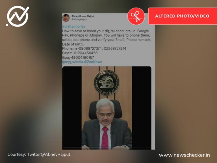 Viral video of RBI governor Shaktikanta Das announcing helplines to help block your digital wallets was found to be edited. The viral clip combined the video of one of the governor’s addresses with the audio of an FB reel by a digital creator.