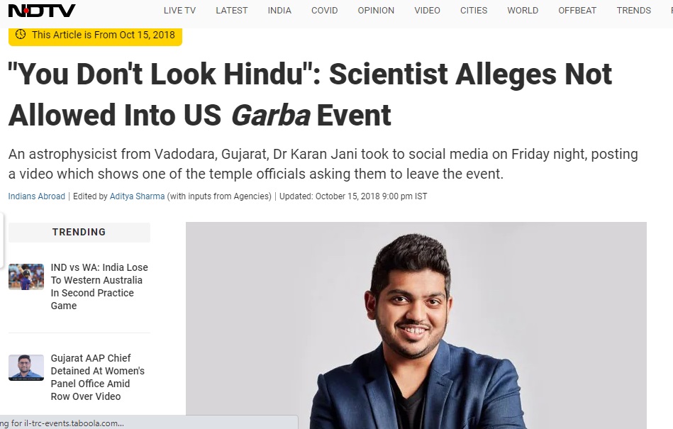 Viral newspaper clipping of Gujarati scientist thrown out of a US garba venue, although true, was of a 2018 incident.