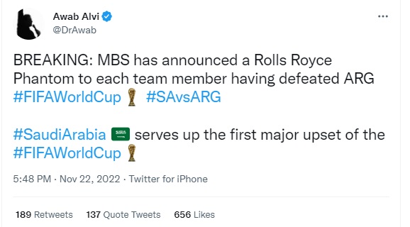 Tweet  that started the misinformation about Saudi players getting Rolls Royce 