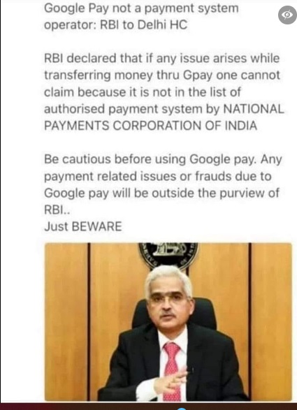 Google Pay is not a payment system operator, but a 'third party app' recognised by NPCI/RBI and an authorised UPI payment services provider.