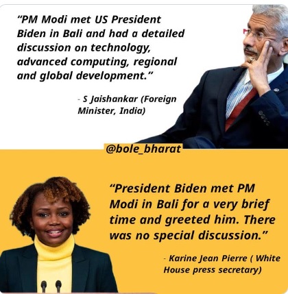 Viral quotes of India’s external affairs minister and White House Press Secretary have been paraphrased and taken out of context to mislead social media users on the PM Narendra Modi-Joe Biden meet at Bali.