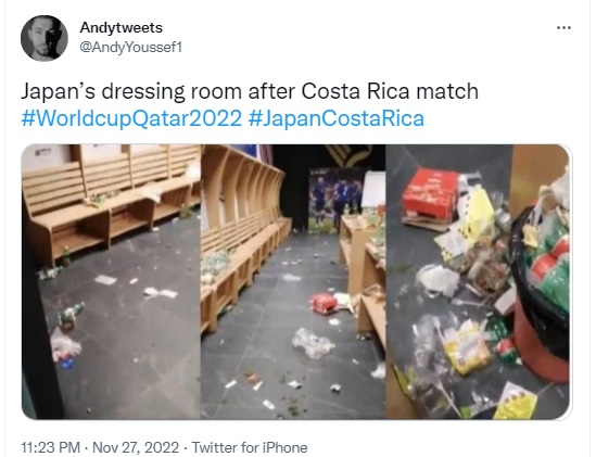 A set of photos showing a dirty dressing room is being falsely claimed as Japan football team’s post their defeat to Costa Rica in the 2022 FIFA World Cup.