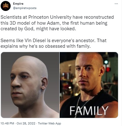 Viral image of “3D model of Adam rendered by Princeton University”, which resembles Vin Diesel, is just part of a meme trend that created similar models of celebrities.