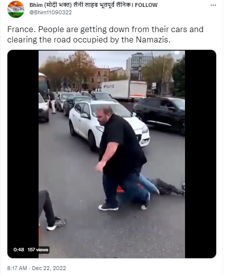 A viral video showing citizens evicting climate-change activists for obstructing traffic on a Paris road is being falsely claimed as an incident where motorists are dragging away people offering Namaz in the middle of the road.
