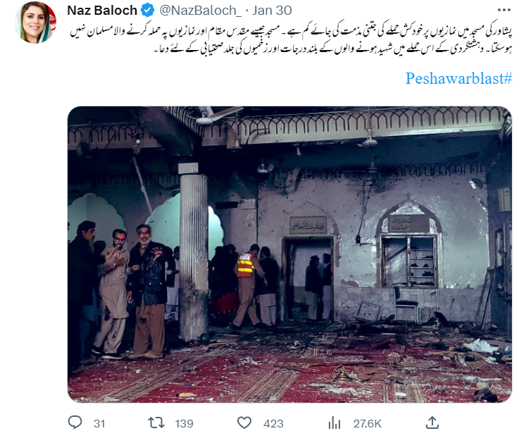 مسجد کے اندرونی حصے کی یہ تصویر حالیہ پشاور کی مسجد میں ہوئے دھماکے کی ہے۔