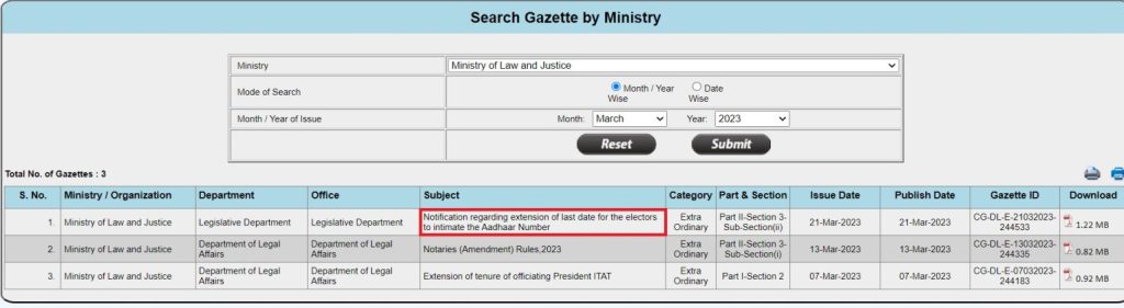 A screengrab of the website of the Gazette of India: Extraordinary
