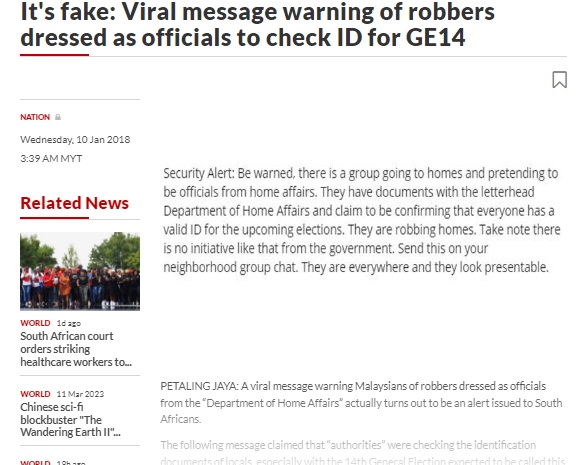 A “high security alert” against a group of robbers who will enter your homes by posing as home affairs officers was found to be false and inspired by a South African government advisory issued in 2017.