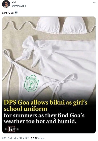 डीपीएस गोवा ने बिकिनीला शालेय गणवेश म्हणून मान्यता दिली असे सांगत व्हायरल ग्राफिक खरे आहे?