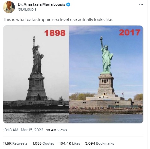 Viral photos of the Statue of Liberty taken more than 100 years apart do not disprove sea level rise as they don’t account for tidal fluctuations, even though a global increase in sea levels has been documented.