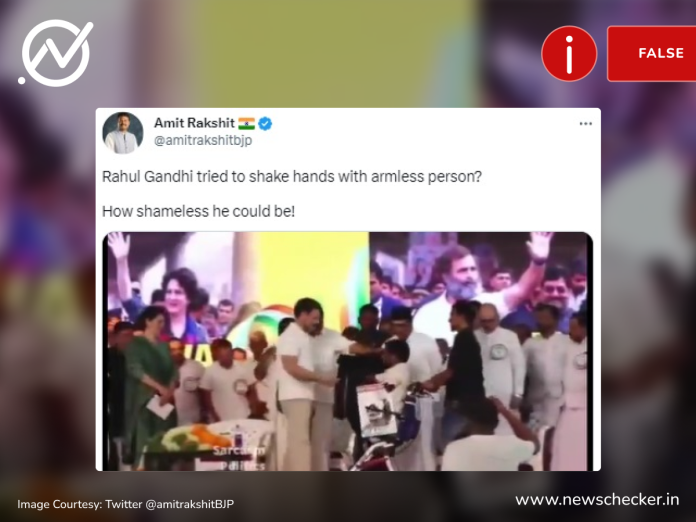 A video of a differently abled person’s greeting with Rahul Gandhi was shared with a misleading claim that the senior Congress leader was “insensitive” to attempt a handshake.