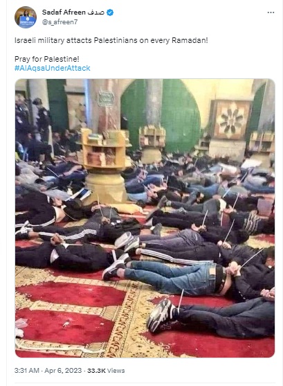 An old image of the Israeli forces’ raid on a Jerusalem mosque in April 2022 is being falsely claimed as a photo of the recent incident.
