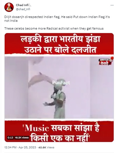  Punjabi singer Diljit Dosanjh falsely accused of disrespecting the Indian tricolour in a misleading viral video of his performance at the Coachella music festival.

