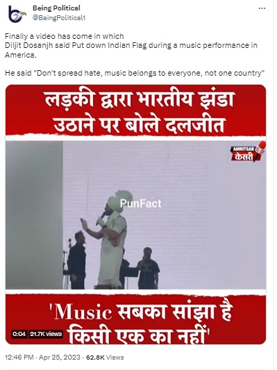  Punjabi singer Diljit Dosanjh falsely accused of disrespecting the Indian tricolour in a misleading viral video of his performance at the Coachella music festival.
