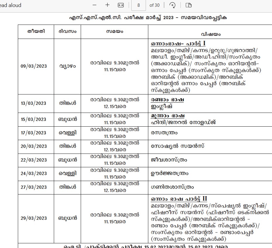 View of the time table of the last SSLC examination