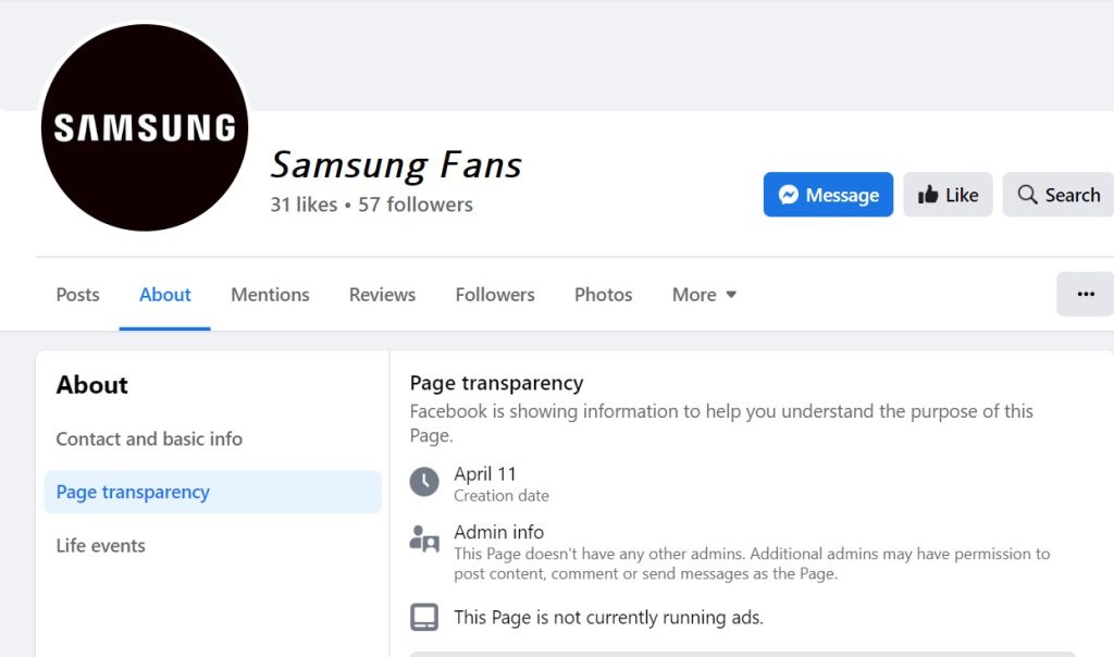 Information from the page in the name of Samsung