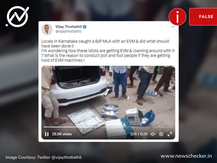 A viral video was falsely claimed to show Karnataka citizens damaging EVMs after they seized it from a “BJP MLA’s car”. The citizens had stopped a sector officer’s car and damaged the reserve EVMs in Vijayapura.