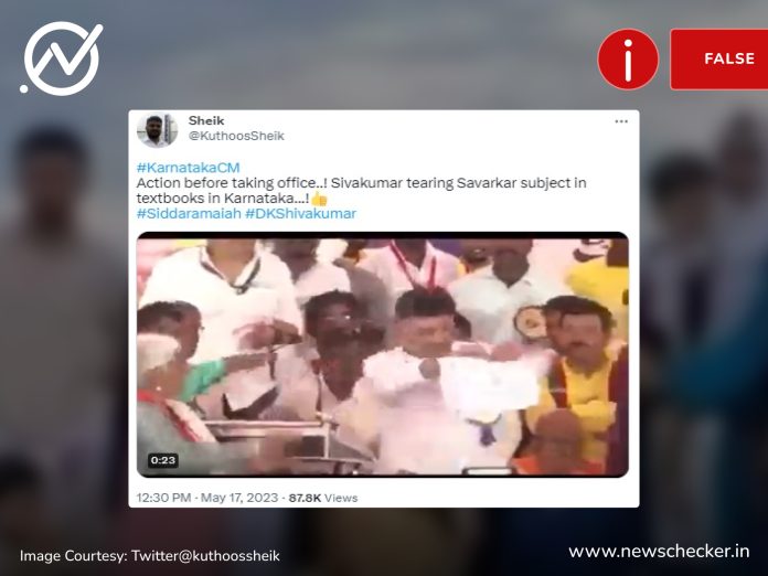 Video of Congress Karnataka president DK Shivakumar tearing a textbook on stage in 2022 in protest against the BJP’s alleged “saffronisation” of education goes viral with a post-election narrative.
