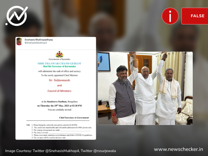 An invitation stating that Karnataka Governor Thaawarchand Gehlot would administer the oath of office to new chief minister Siddaramaiah on May 18 was found to be fake.