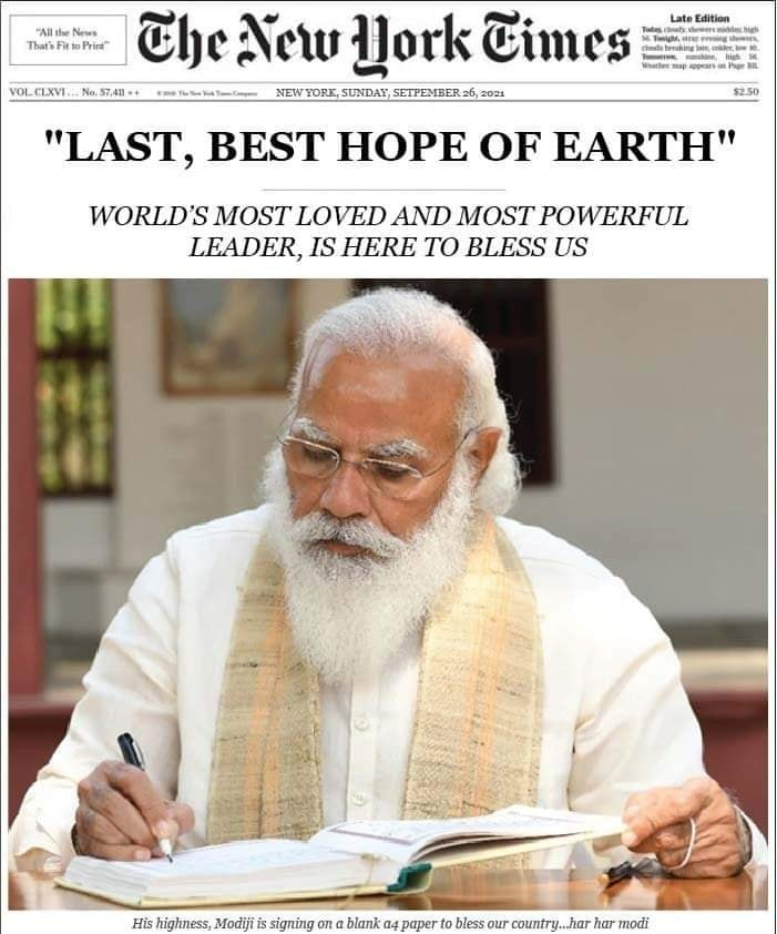 न्यूयॉर्क टाइम्स ने अपने लेख में प्रधानमंत्री नरेंद्र मोदी को दुनिया की आखिरी उम्मीद बताया है.
