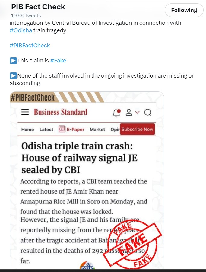 Screen shot of the tweet by PIB Fact check