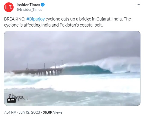 Old video of massive waves crashing against bridge falsely linked to Cyclone Biparjoy.