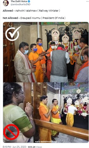Viral images claimed to show that President Droupadi Murmu was barred from entering the sanctum sanctorum of Jagannath Temple in Delhi is misleading.