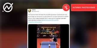 A video of a table tennis rally between two players has been digitally manipulated to make it look like a humanoid robot is playing.