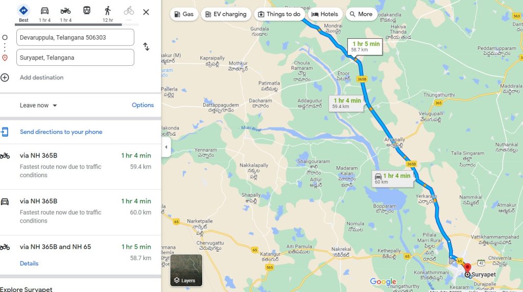 Devaruppula-Suryapeta distance as per google map 
