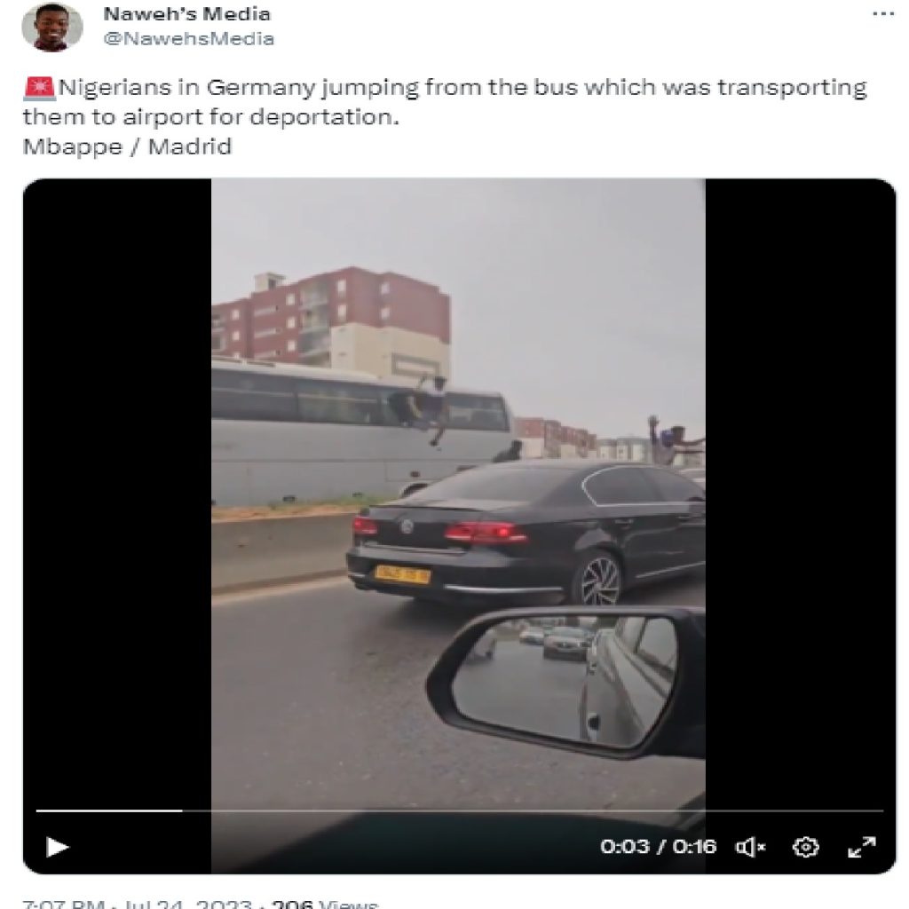 Viral video of illegal immigrants jumping out of a moving bus to evade deportation found to be from Algeria, not Germany.